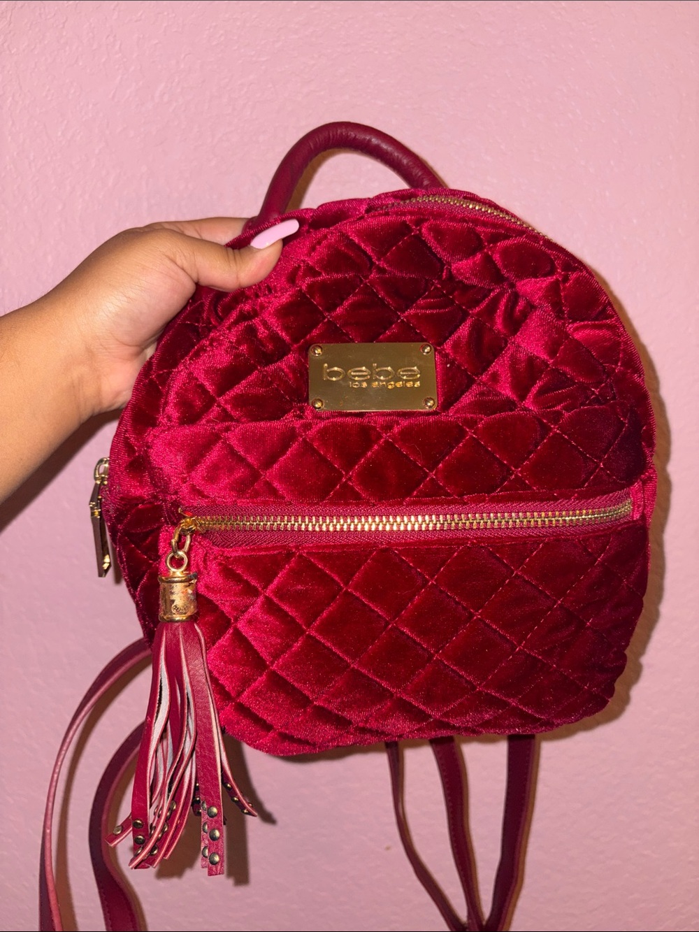 bebe Quilted Velvet Mini Backpack - Burgundy with Gold Hardware